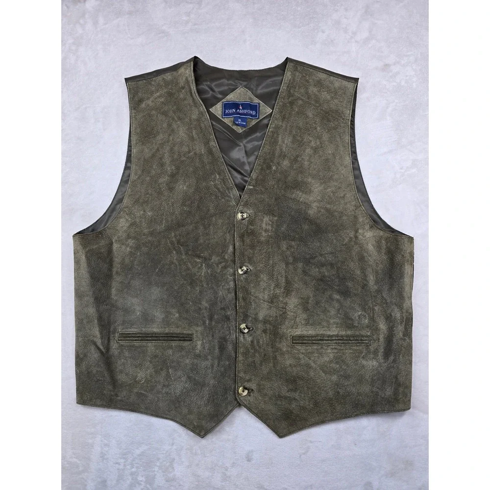 John Ashford Suede Leather Vest Mens XL Olive Green Button Front Cinch Back‎